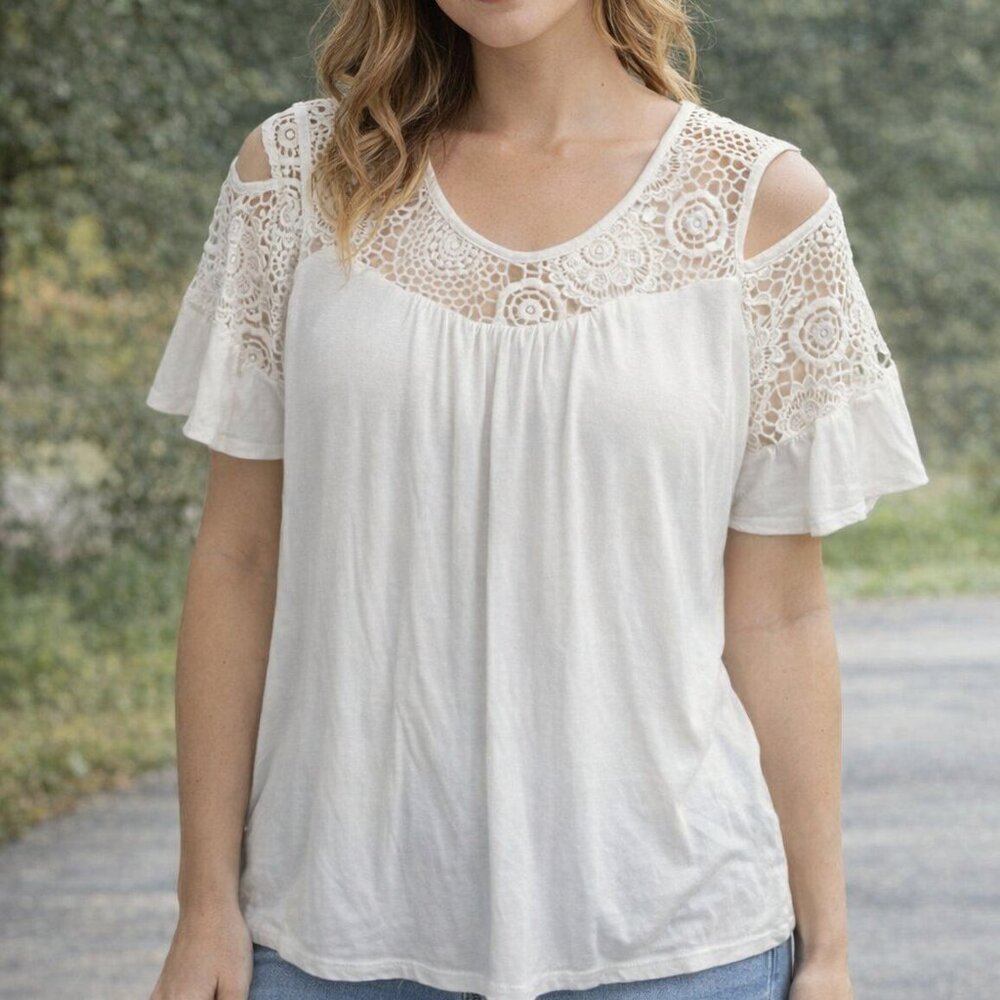 Cato Women's Off Shoulder Lace Sleeve's Top White Color Size L